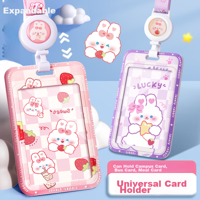 Jinzhi 2-Pack Rabbit Sauce Card Holder, Elementary School Student Children's Bus Card Bag, Campus Card Access Control Card, Citizen Meal Card Anti-Loss Pickup Chest Card, Kindergarten Retractable School Badge with Lanyard Neck Strap Chest Card