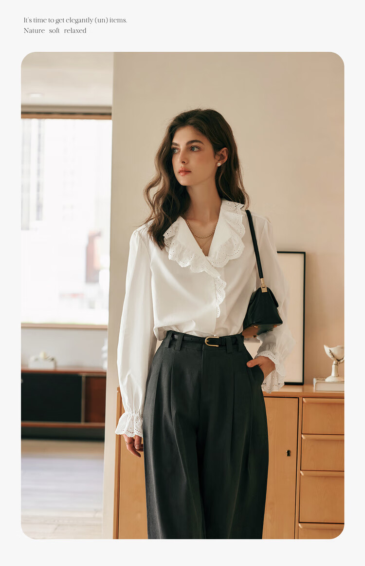 Olrain French Lace Shirt Women Autumn New Elegant Commuter Ruffled Collar Blouse Off-White S 4