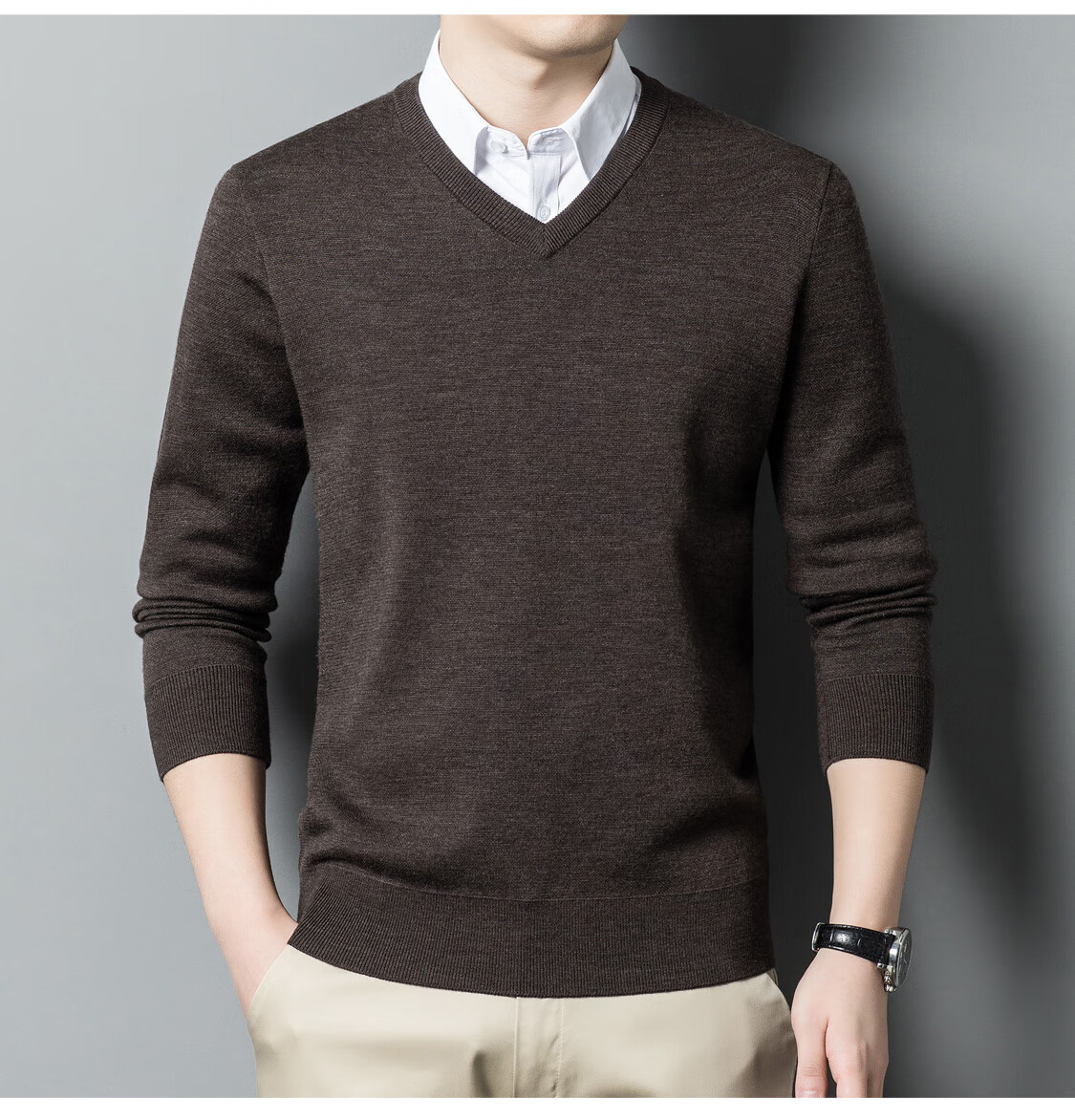 Hengyuanxiang Men's Wool Sweater Autumn Winter Thickened V-Neck Machine Washable Fine Spun Knitwear Medium Gray 175 12