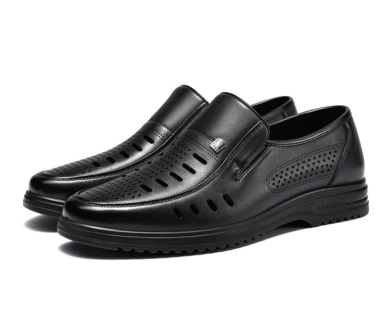 LAORENTOU Men's Business Casual Leather Slip-On Shoes Layered Cowhide Non-Slip Breathable Hollow Shoes LL12163 Black Size 38 14