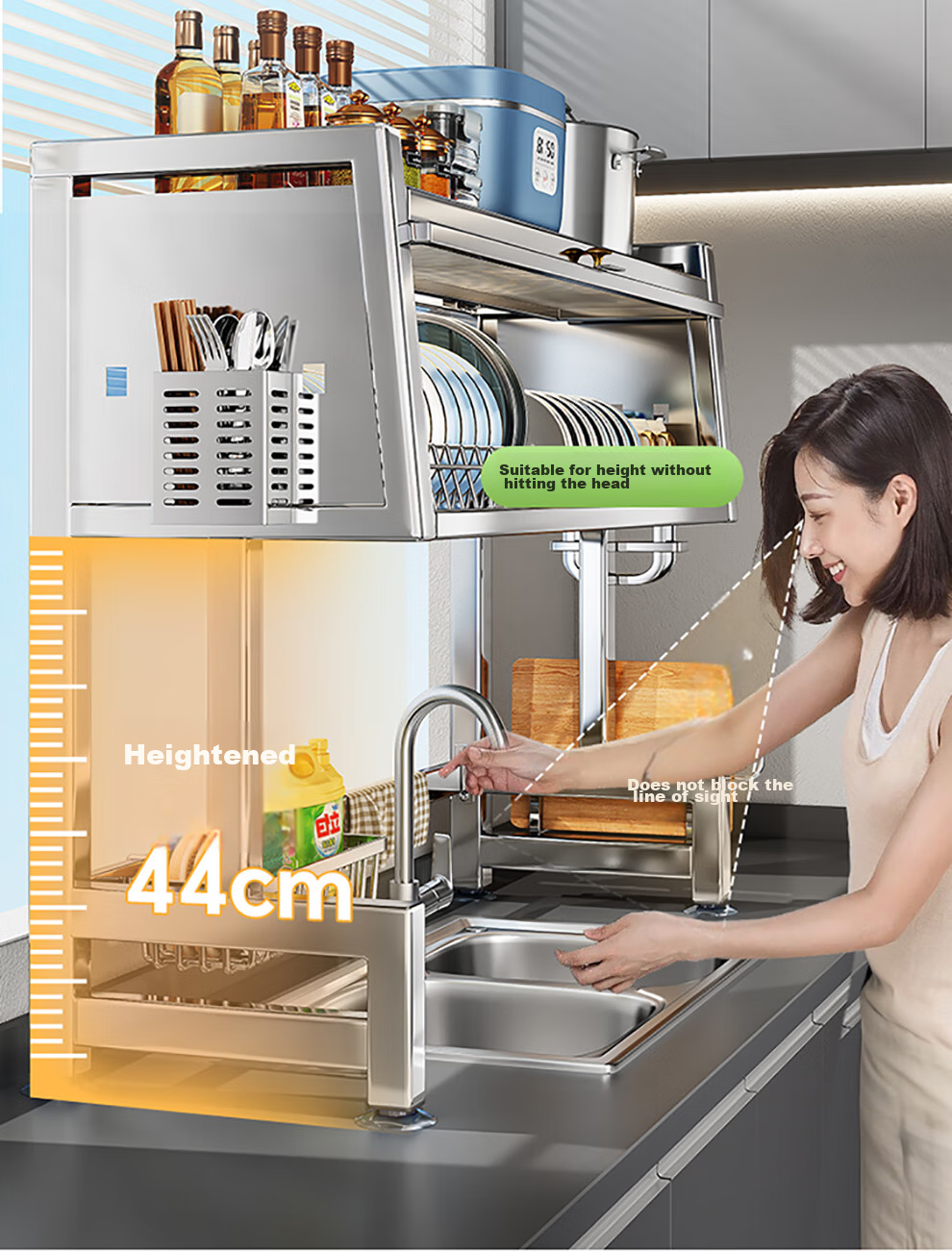 Shuaishi Kitchen Storage Rack, Stainless Steel Sink Shelf, Dish Organizer, Basin Drainer, with Cabinet Doors, 85cm Long 13