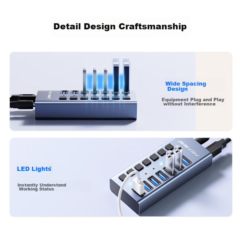 Acasis USB 3.1 Hub, 7-Port Expansion Dock, Independent Control Hub, Individual Switch Expansion Adapter, Compatible with Apple Mac Laptops, Expansion Dock HS-707MG 10Gbps 17