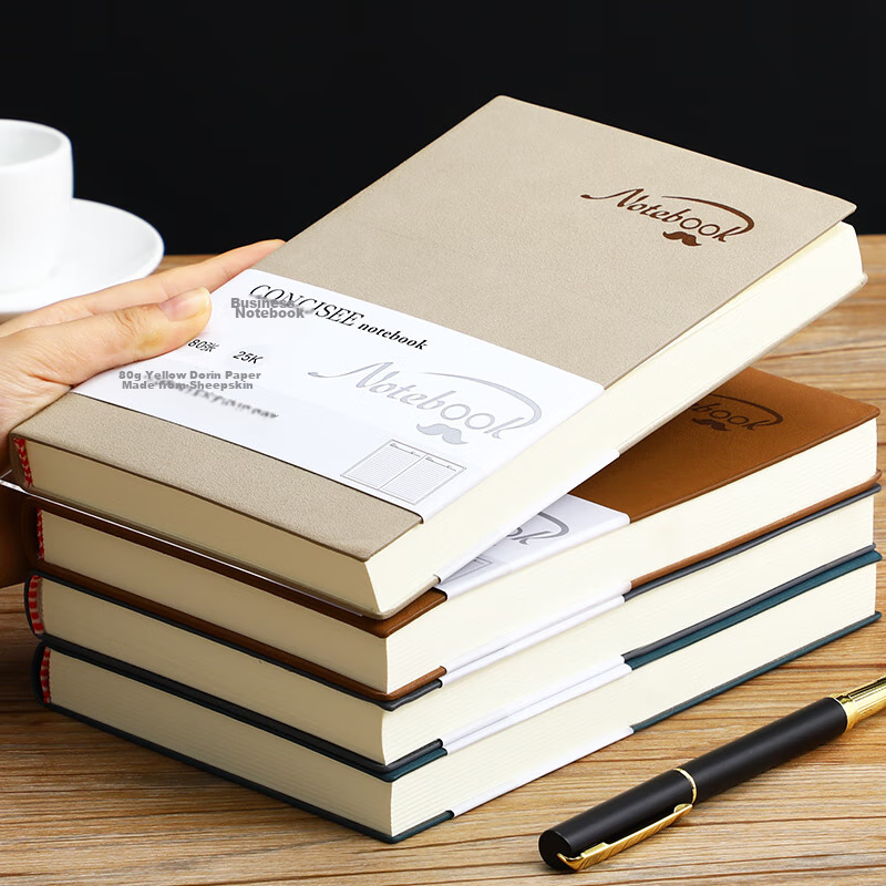 Longe 360-Page Thickened Notebook, Business Sheepskin Journal, Leather Diary, Notepad, Stationery, Meeting Record Book, Customizable Logo, A5 Light Gray