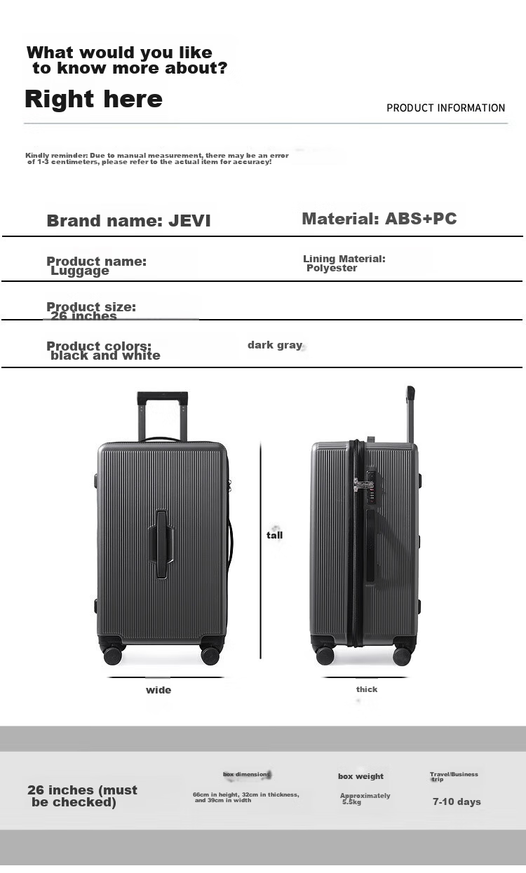 JEVI Large Capacity Suitcase for Men And Women, Student Luggage, Quiet Wheels, Universal Wheels, Zipper Lock, 26 Inches 18