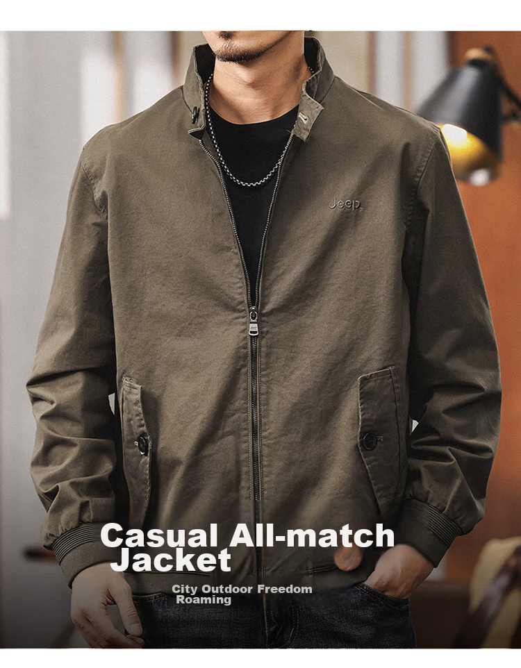 JEEP Men's Jacket, Spring And Autumn Stand-Collar Jacket, Loose-Fitting Trendy Casual Clothing for Men, Army Green, Size L 2