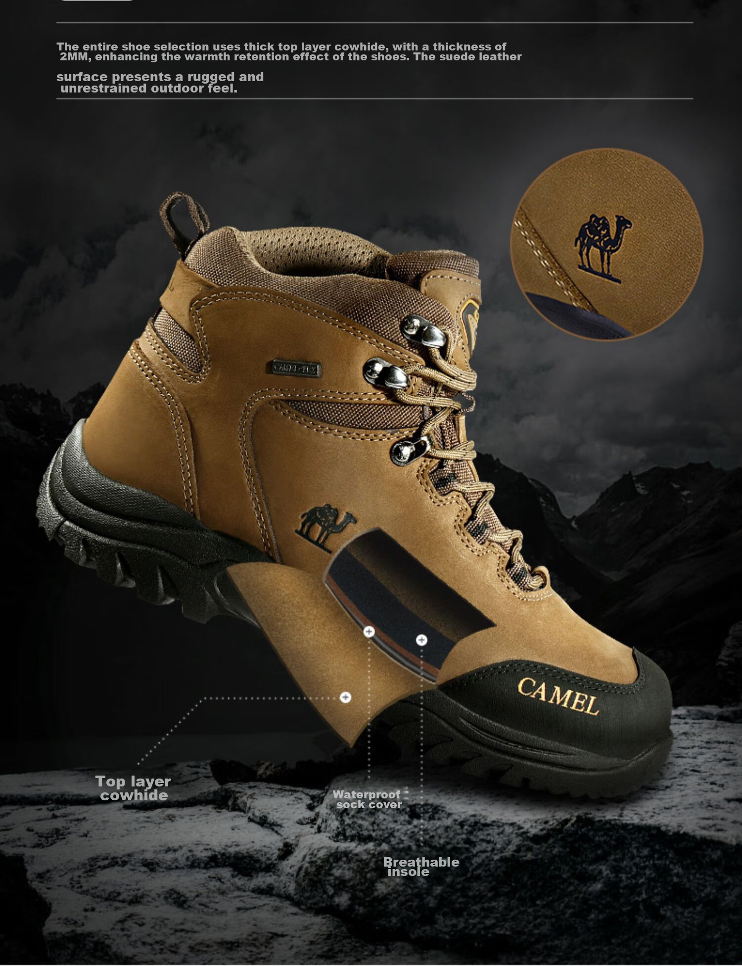 CAMEL Outdoor Hiking Boots for Men And Women, Waterproof Non-Slip Trekking Shoes with Shock Absorption, Wear-Resistant High-Top Work Boots Made of Cowhide Leather 6