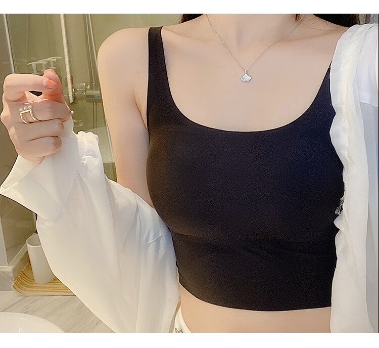 LangSha Camisole Tank Top for Women with Built-In Bra Pads, Inner Or Outer Wear, Ice Silk Summer Undershirt, Bandeau Style, White + Black, 2 Pieces 14