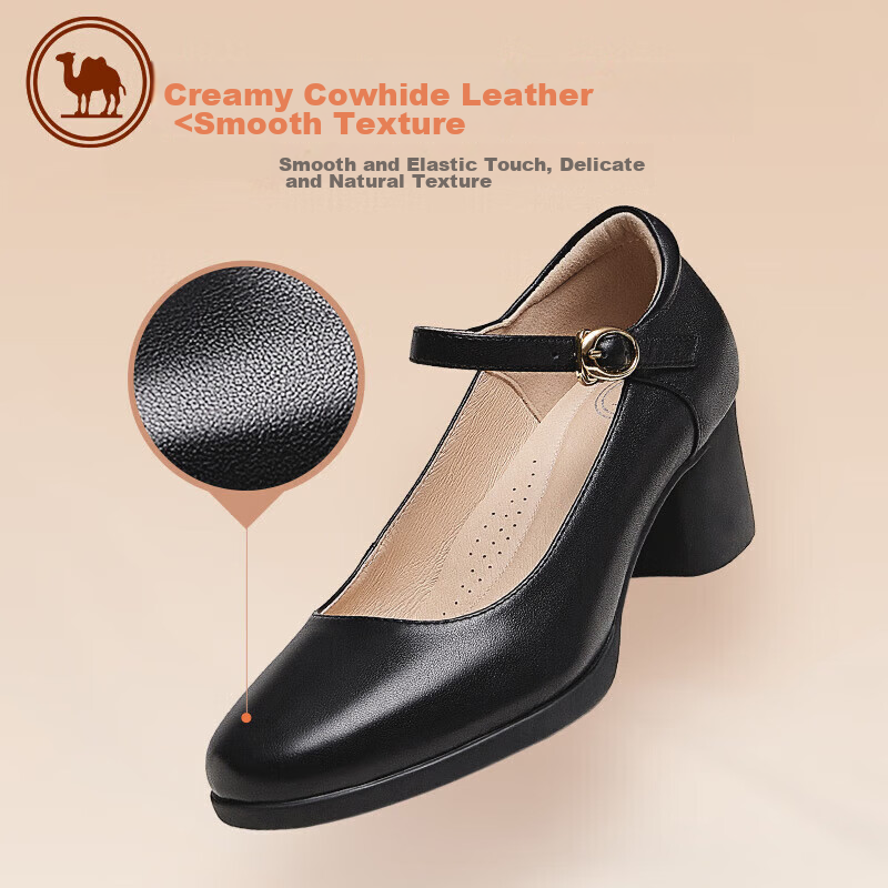 CAMEL Brand Women's Leather Shoes, Soft Cowhide Heel Casual Flats, Fashionable Mary Jane Shoes P23A155036, Black, Size 39