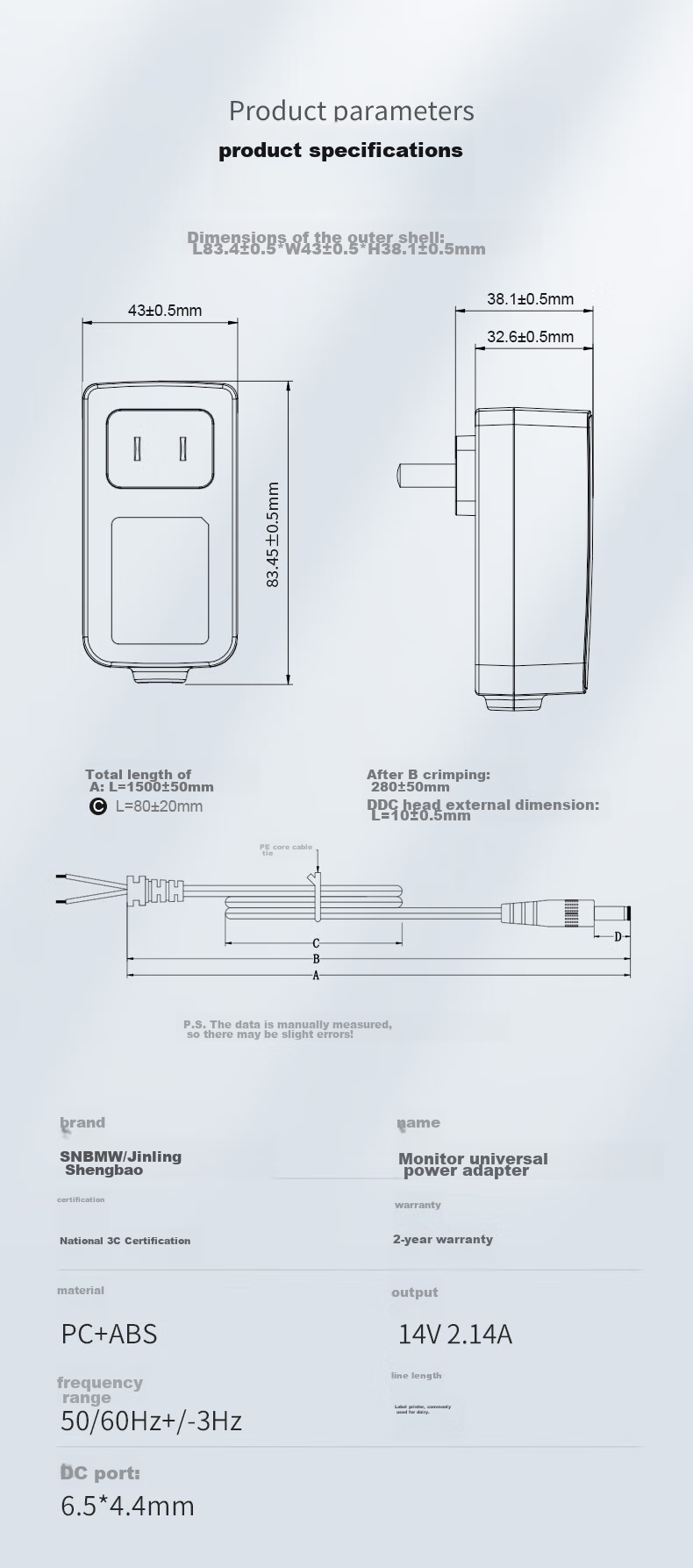 Jinlingshengbao Monitor Power Adapter, Desktop LCD Computer Screen Charger Cable, 14V 2.14A 1.78A 2.5A 1.79A 1.43A Power Cord 7