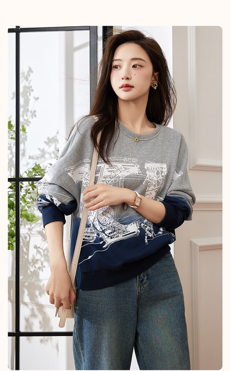 Dme [Stylish Gradient Casual Sweatshirt] Spring And Autumn Cotton Round Neck Loose Slightly Elastic Sweatshirt Women's Top, Flax Gray, S 2
