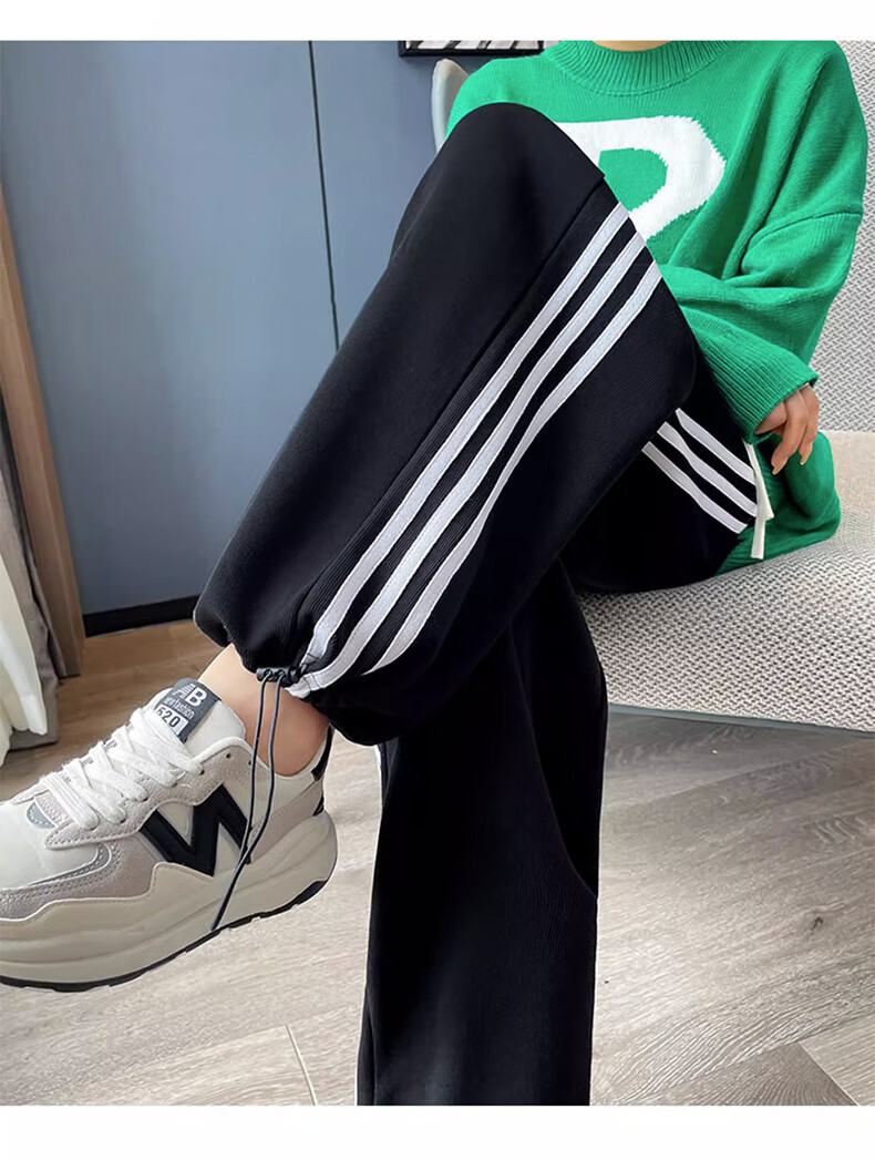 LangSha Women's Leggings with Two-Way Wear, Straight-Leg Three-Stripe Cotton Pants, Autumn Outer Wear, Sports Pants with Elastic Cuffs, Loose High-Waist Drawstring Sweatpants 31
