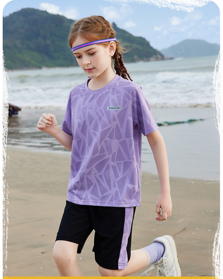 ASK JUNIOR Girls' Set, Summer 2025 Thin Short-Sleeve T-Shirt, Children's Shorts, Quick-Dry Running Outfit, Purple, Size 120 4