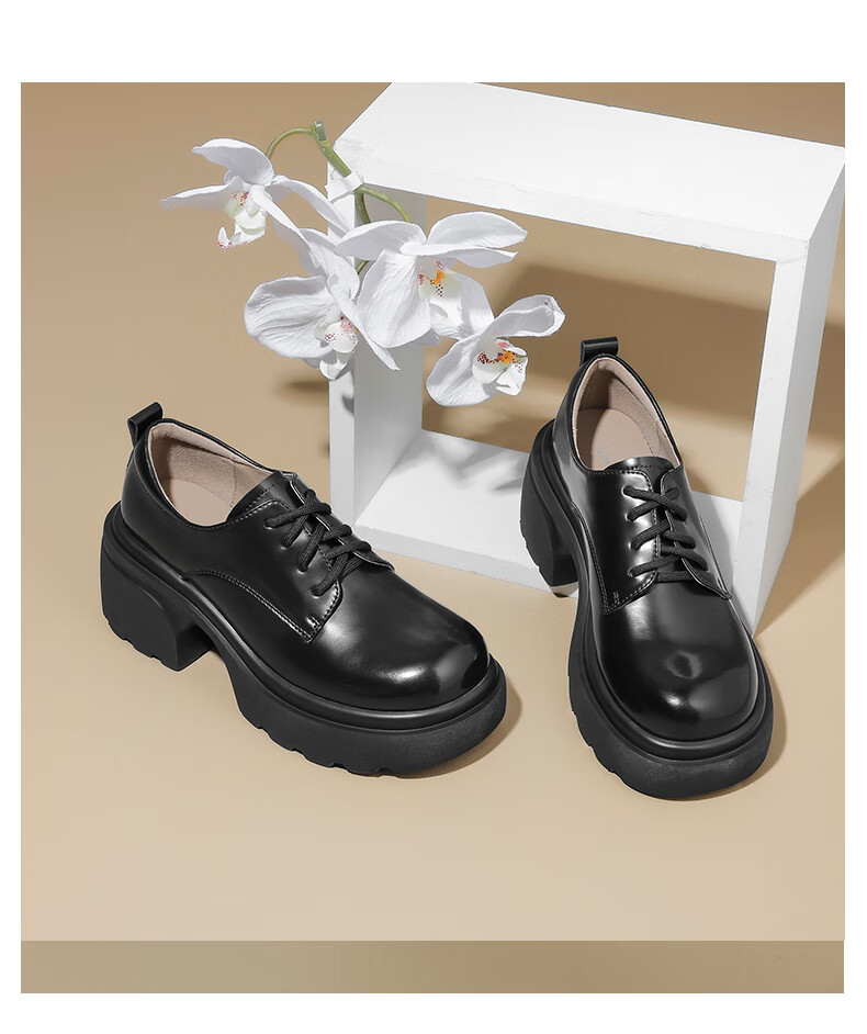 DAPHNE Women's Single Shoes, Cowhide Leather, British Style, Thick-Soled High Heels, Versatile Leather Shoes, Women's Footwear 4023404156, Black, Size 35 5