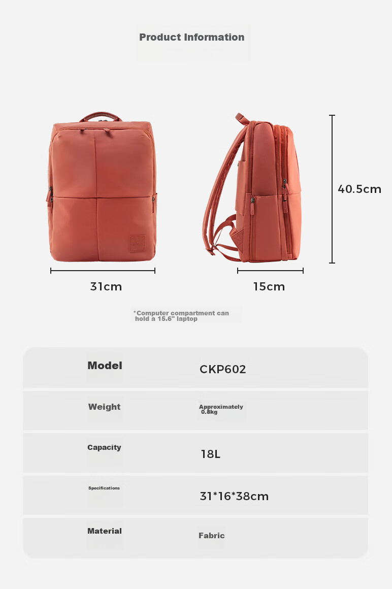 Echolac Couple's Laptop Backpack, Fashionable Trendy Backpack, Travel Simple Casual Women's Schoolbag, Orange, 16 Inches, CKP602 5
