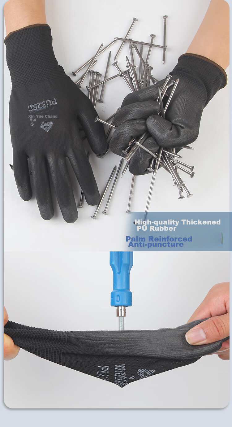 Xinyuechanghui PU Coated Gloves, 12 Pairs/pack, Nylon Work Gloves, Non-Slip Wear-Resistant Protective Work Gloves, Black L Size, PU508 10
