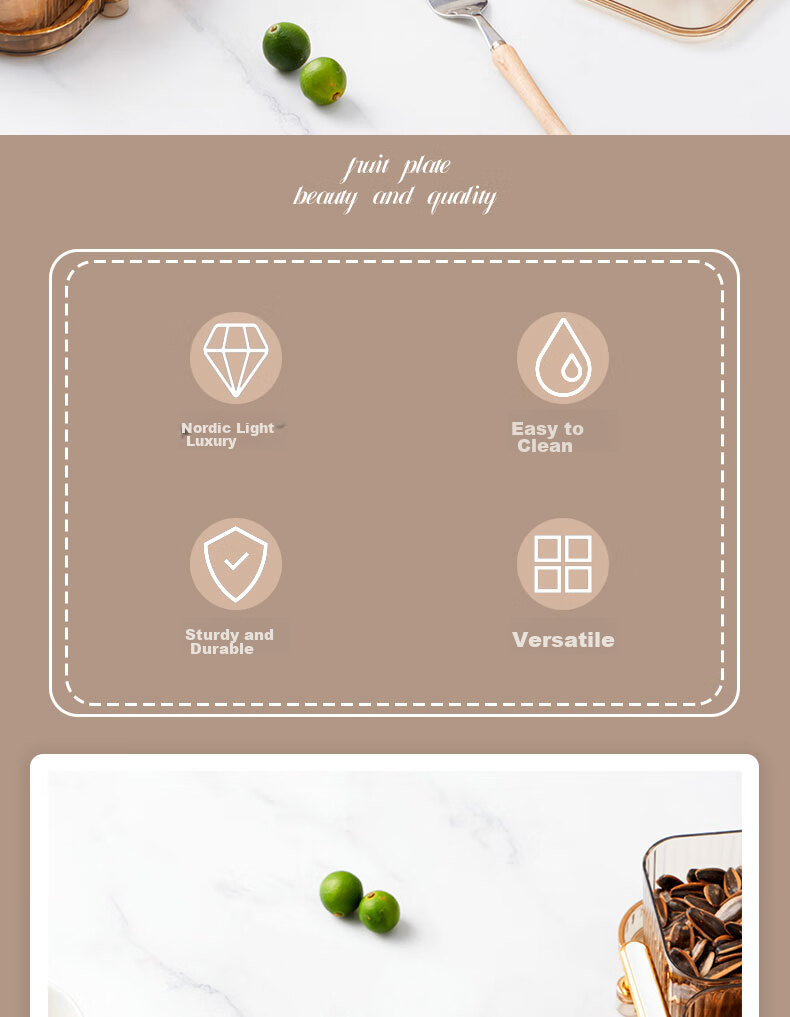 BJ Fruit And Nut Dish with Lid, High-End Divided Plate for Home Use, Candy Snack Luxury Dessert Tray, 6 Compartments, Champagne Color 2