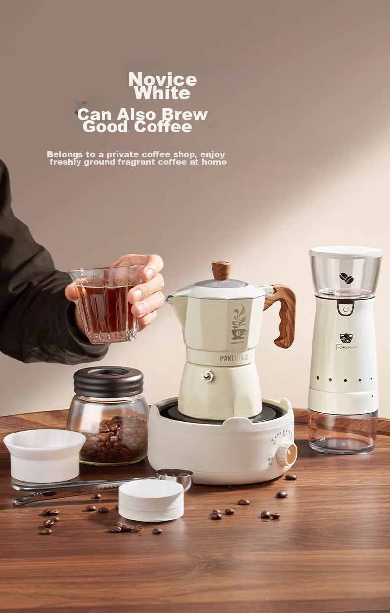 TEOTM Moka Pot with Dual Valves, Home-Use Italian Manual Coffee Maker, Hand Grinder Coffee Brewing Equipment Set 6