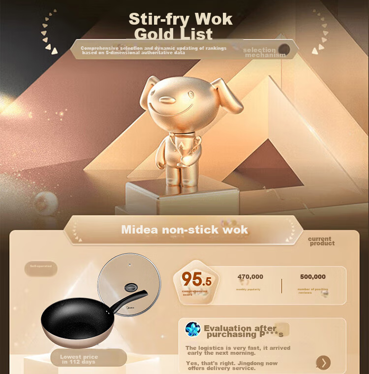 Midea Non-Stick Wok Multi-Functional Household Stir-Fry Pan Flat Bottom Frying Pan Gas Stove Induction Cooker Compatible Low Oil Smoke 2