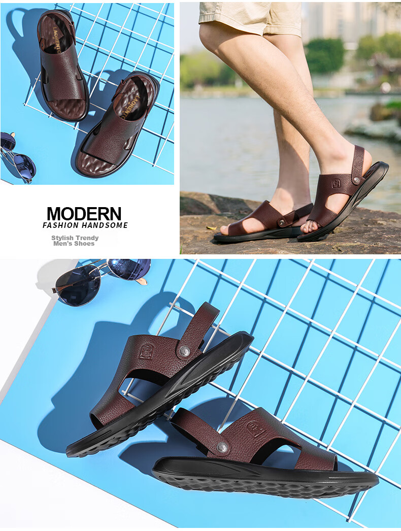 LAORENTOU Men's Sandals, Summer Top-Grain Leather, Breathable Beach Versatile Casual Shoes, Sandals, Men's Footwear, 10965, Black, Size 43 13