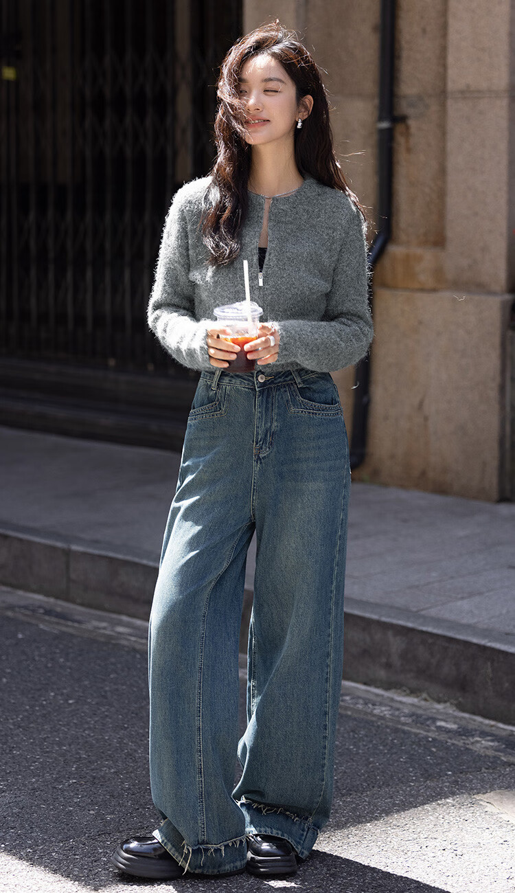 Dme [Gray Plush Knit Jacket] Autumn Round Neck Opening Placket Zipper Design Long-Sleeve Knit Sweater, Gray, S 4