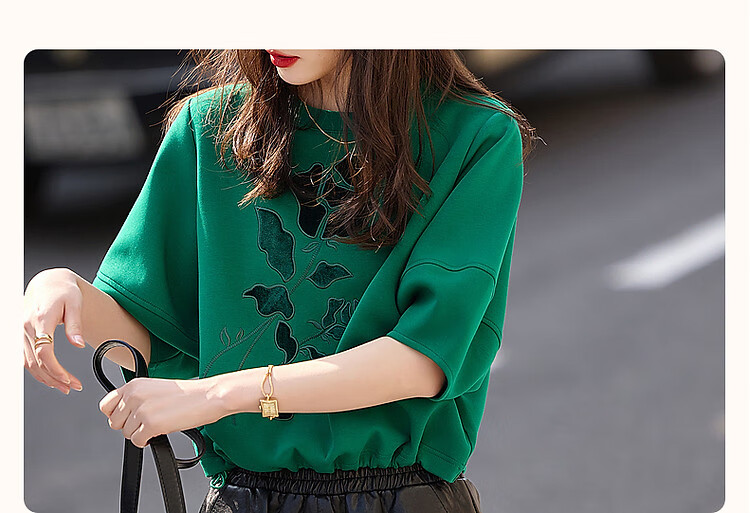 Dme Floral Embroidered Spring And Autumn Round Neck Air Layer Three-Quarter Sleeve Elastic Loose Sweatshirt Women's Top, Cyan Green, L 5