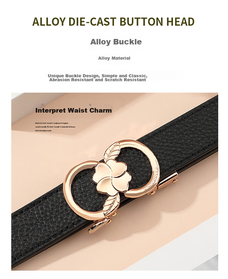 CROCODILE Top-Grain Leather Fashion Belt for Women, Automatic Buckle, Exquisite And Simple Waist Belt T3707 Black Gift Box Set 3