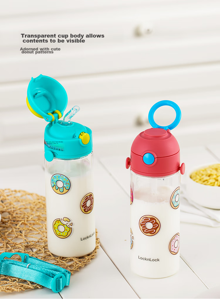 LOCK&LOCK Children's Straw Cup, Donut Water Bottle, Student Outdoor Handle Strap, Tritan Material Cup, 460ml, Pink 9