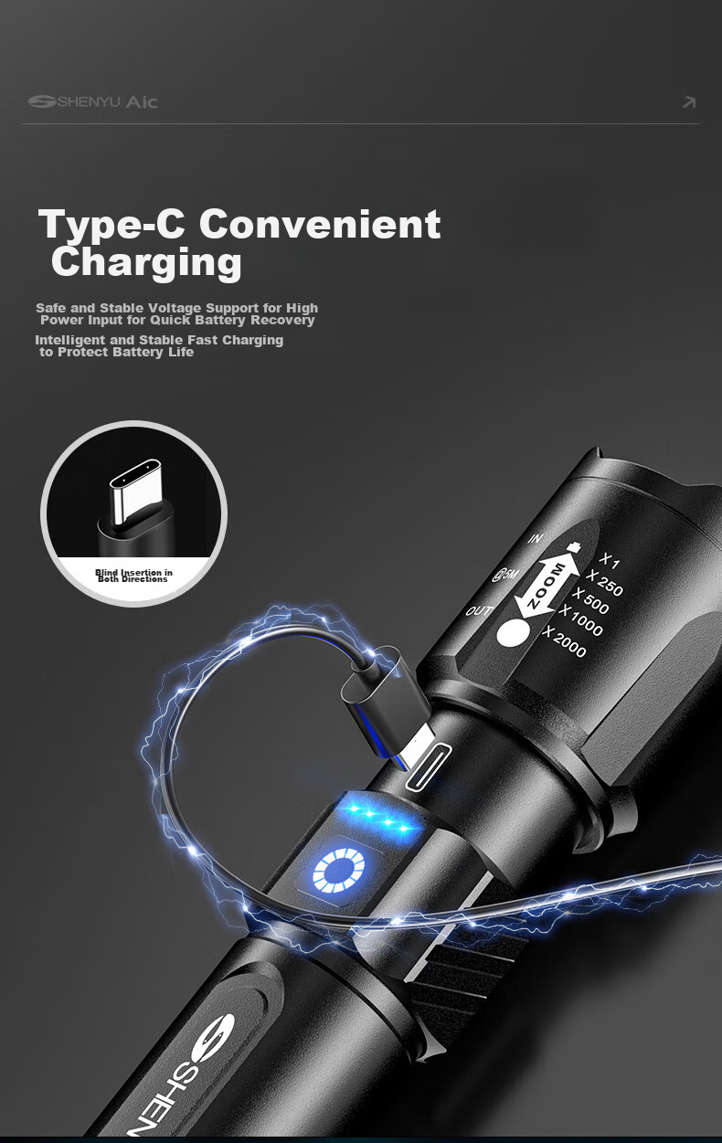 SHENYU Flashlight with High Brightness, Zoomable Lens, Rechargeable Battery, Long-Lasting Power, Outdoor Survival, Long-Range Beam, Military-Grade Ultra-Bright, Home Emergency Use 13