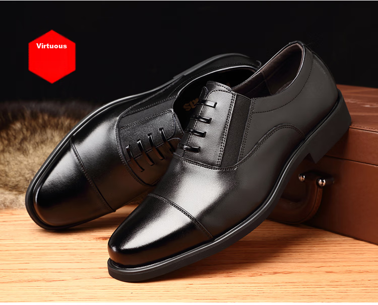 Poitulas Men's Leather Shoes with Three-Point Connection, Business Casual Formal Shoes, British Comfortable Slip-On Loafers, 9916 Black, Size 38 14