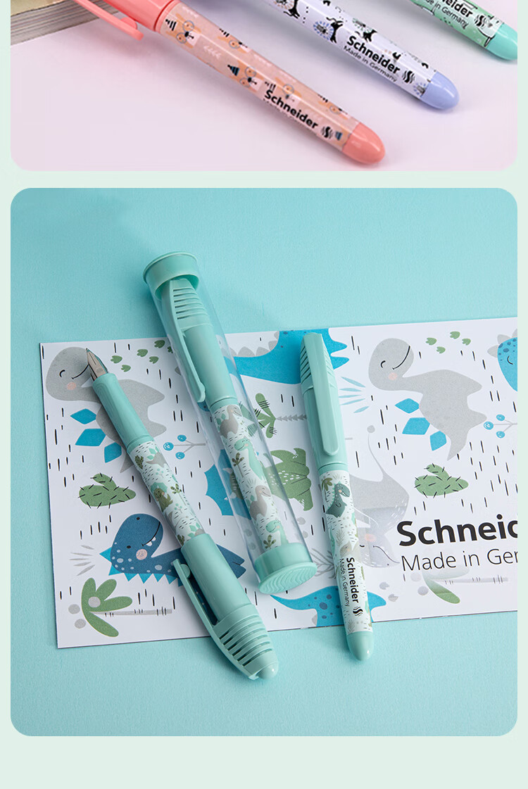 Schneider Elementary Student Fountain Pen Beginner Children's School Essential Posture Correction Writing Pen Boys Girls Grade 3-4 Entry Ink Cartridge EF Nib Fun Green Dinosaur 2