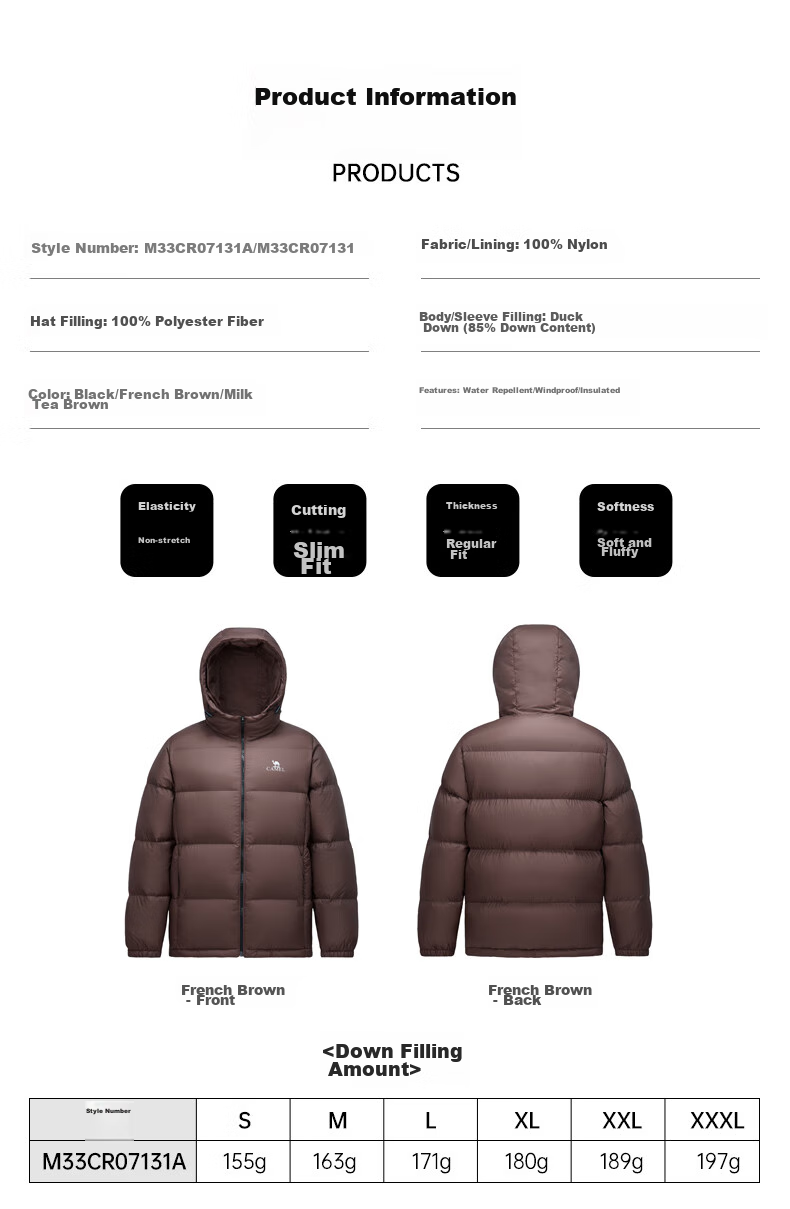 CAMEL Zhichun down Jacket for Men, Winter Thick White Duck down, Couple's Puffer Coat, Warm Outerwear M33CR07131 11