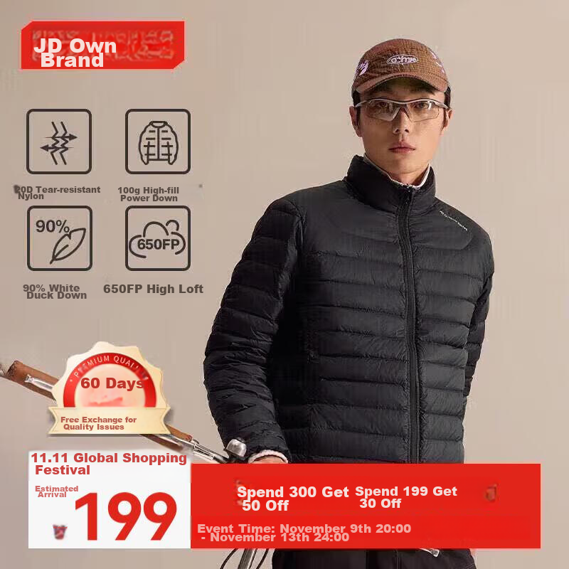 JD Original down Jacket for Men, Lightweight Stand Collar White Duck Down Men's New Clothing Gift Coat, Black, Size S
