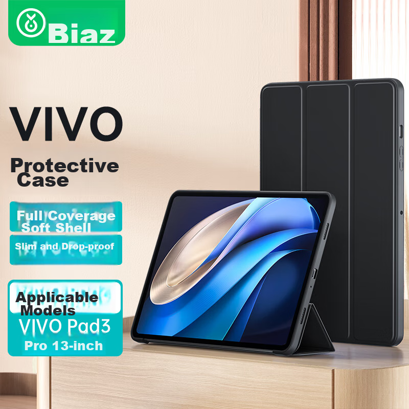 BIAZE Compatible with 2024 Vivo Pad 3 Pro 13-Inch Protective Case, Tablet Protective Cover, Smart Sleep Stable Support Four-Sided Full Coverage PB502-Kangjing Black