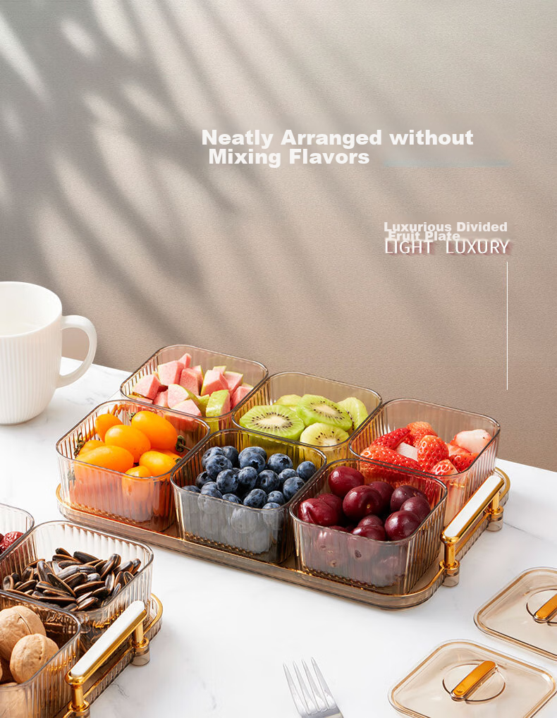 BJ Fruit And Nut Dish with Lid, High-End Divided Plate for Home Use, Candy Snack Luxury Dessert Tray, 6 Compartments, Champagne Color 1