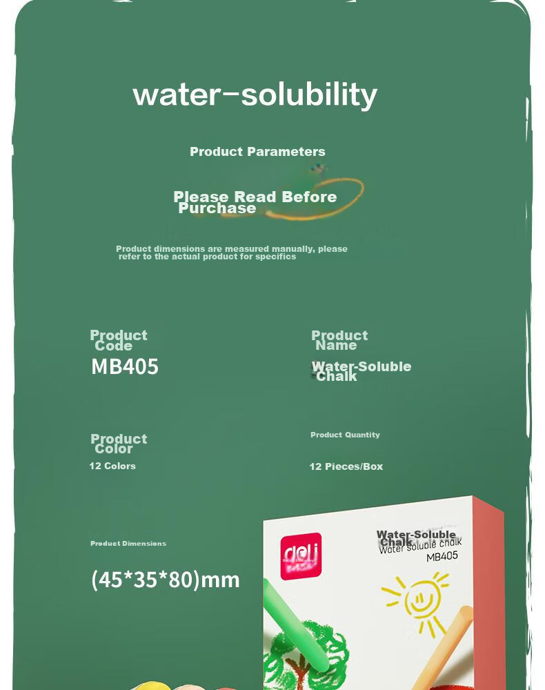 Deli Colored Water-Soluble Chalk, Washable, Dust-Free, Safe for Children's Drawing Board, Blackboard, Specialized for Bulletin Boards, Vibrant Colors, for Teachers, Kindergarten, Home Use, Teaching, Doodling And Drawing, 12 Pieces/box 10