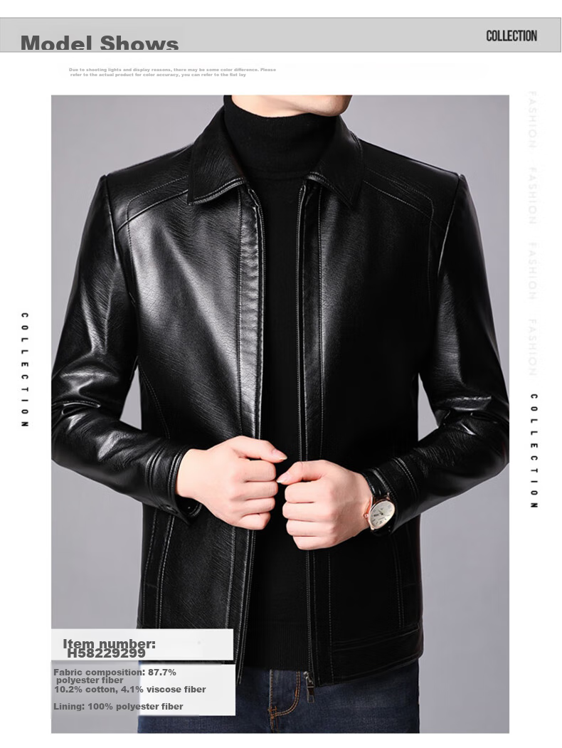 Hengyuanxiang Men's Leather Jacket for Autumn And Winter, Middle-Aged Men's Fleece-Lined Thick Stand-Collar Coat, Warm Leather Jacket for Middle-Aged And Elderly Men's Outerwear 13