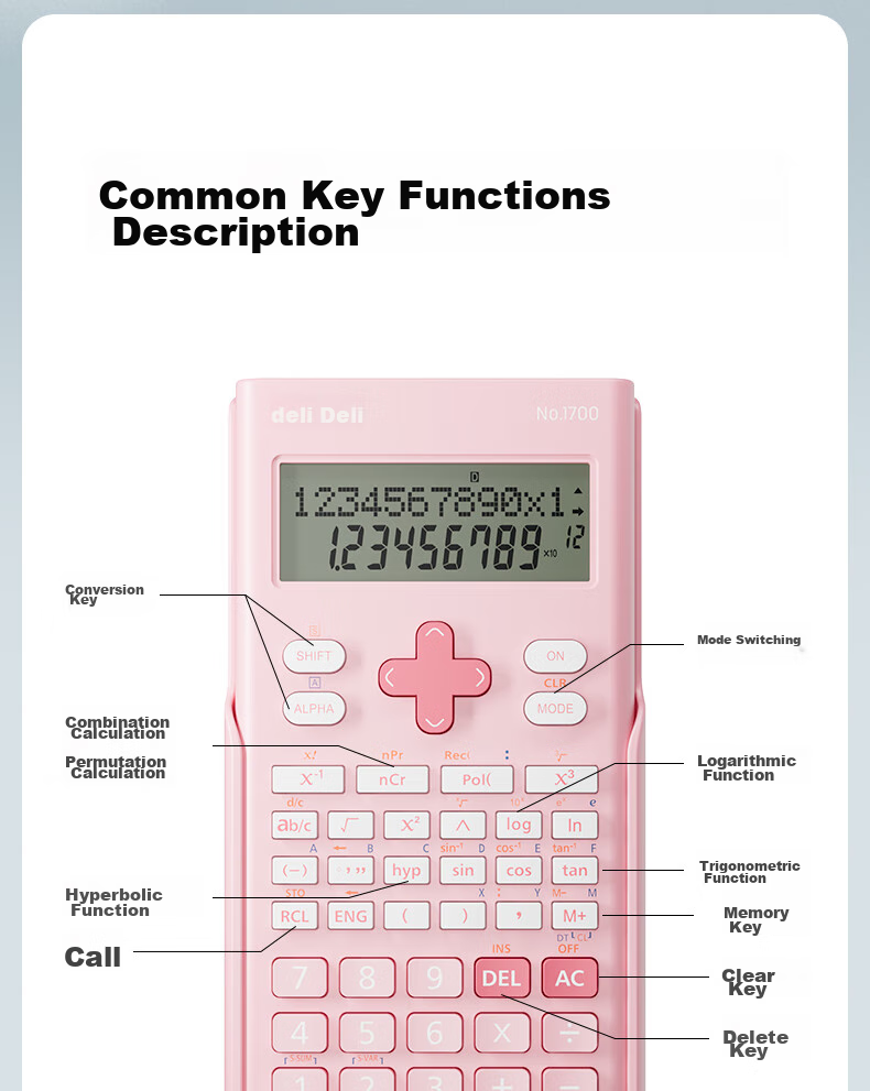 Deli Fashion Scientific Calculator with Dual-Line LCD Display And 240 Functions (For Middle And High School Students) Light Pink 1700 13