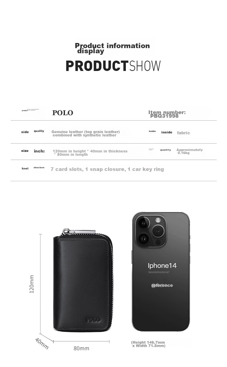 POLO Leather Key Case for Men, Top-Grain Cowhide Card Holder, Multifunctional Storage Pouch, Scratch-Resistant Key Ring, Birthday Gift for Boyfriend 9
