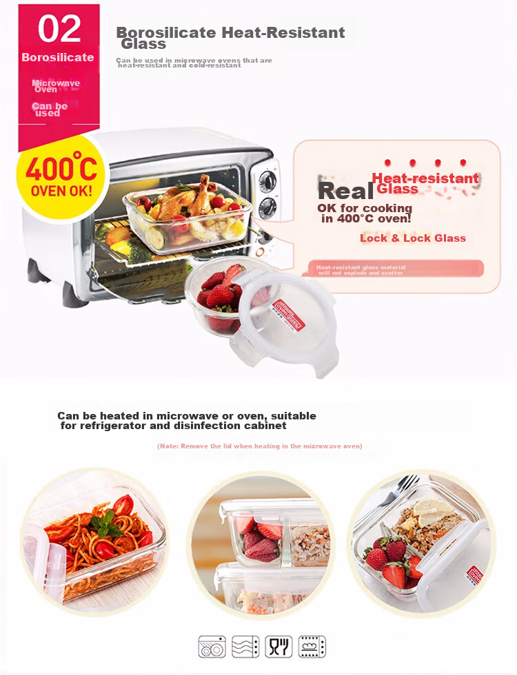 LOCK&LOCK Heat-Resistant Glass Food Storage Container Set, Microwave-Safe Lunch Box, Sealed Bento Box, Meal Container, 750ml*2 + 600 Divider + Bag 4