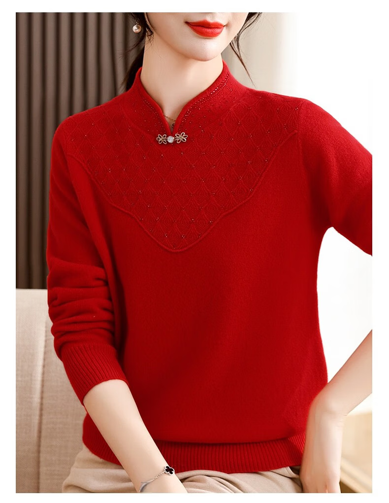 Hengyuanxiang Women's 100% Pure Wool Sweater, New Chinese Style Middle-Aged Mom's Outfit, 50-60 Years Old Stylish Zodiac Year Base Layer Red Sweater 22