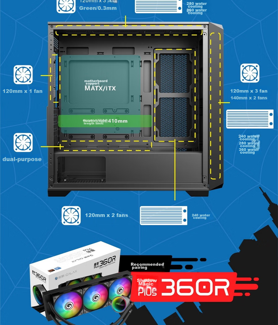 GALAX Voyager Gaming Office Desktop Computer Case (M-ATX Motherboard/Full Mesh Panel/Supports 360mm Water Cooling/Compatible with Long Graphics Cards/11 Fan Slots) 9