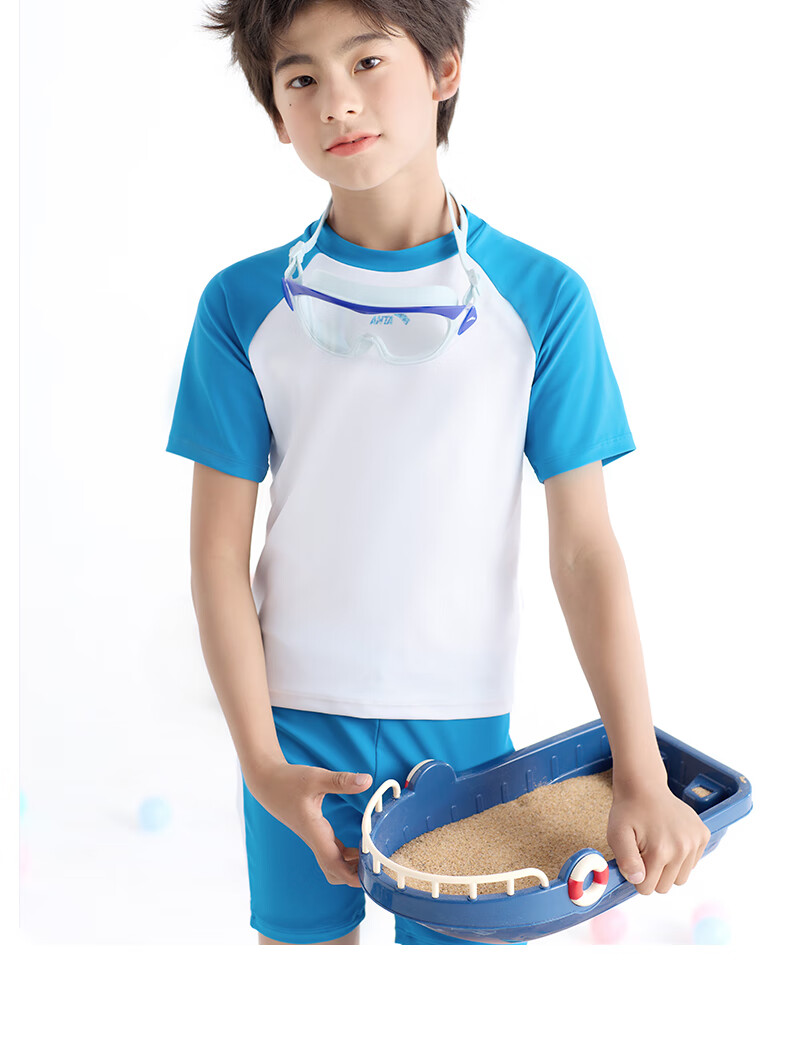 ANTA Children's Two-Piece Swimsuit for Boys, 2024 New Style, Big Kids Swim Trunks, Sun Protection Professional Swimming Set, Sky Blue, Size 170 19