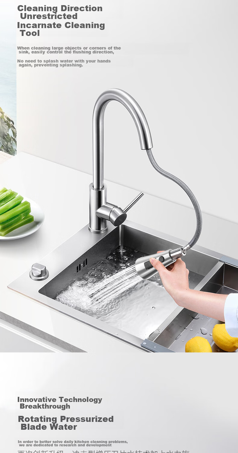 HIGOLD Kitchen Stainless Steel Pull-Out Faucet, Sink Hot And Cold Faucet with Automatic Retraction, Classic Brushed Finish 2