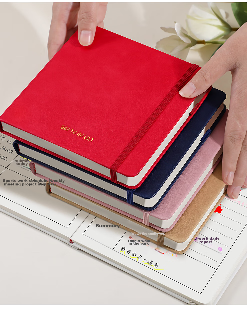 Zuolanzhe Daily Planner Portable Pocket Notebook Square Notepad Time Management Self-Discipline Check-In Schedule Book Handheld Journal Thick Diary Work Study Notebook Red 14