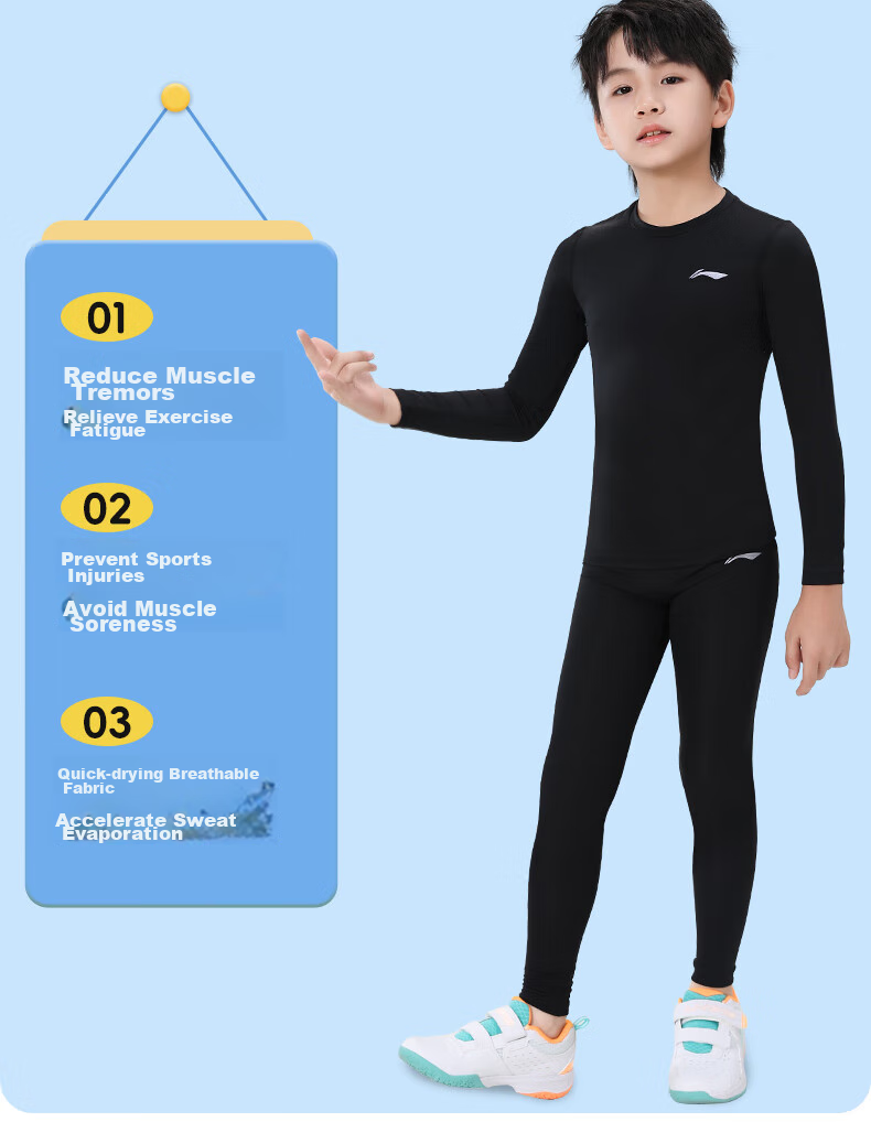 Li-Ning Children's Compression Training Suit, Quick-Dry, for Ages 6-12, Autumn And Winter Sports Set, Breathable Basketball Base Layer, Football, Badminton Uniform 4
