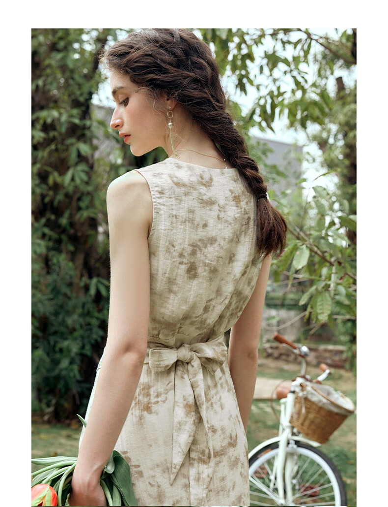 Olrain French Style Apricot Dress Women Summer Waist Slim Floral Mid-Length Dress Apricot L 17