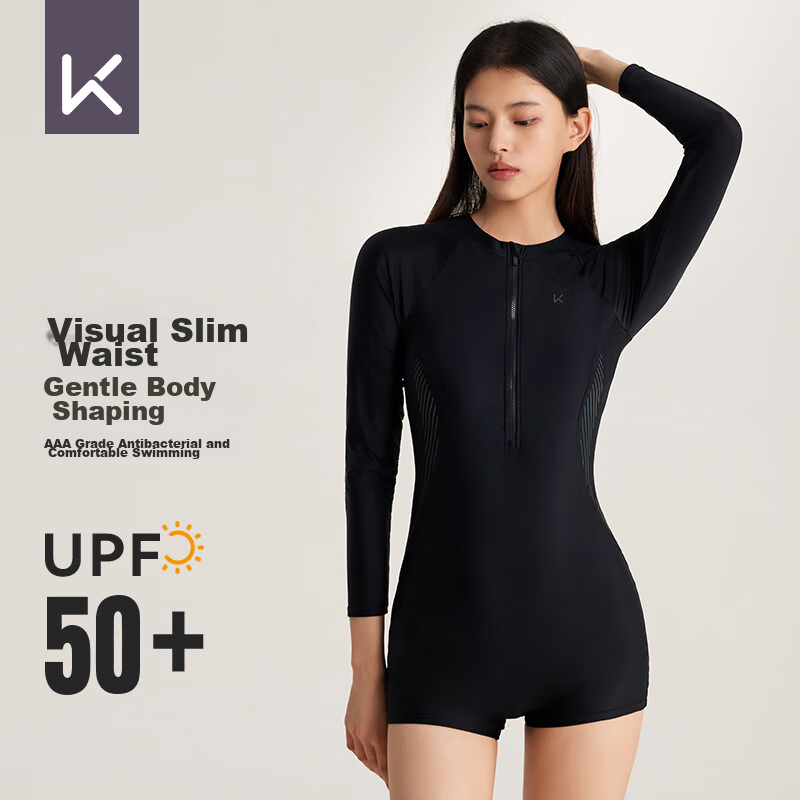 Keep Women's One-Piece Long-Sleeve Boyleg Swimsuit, Professional Training Conservative Plus Size Swimwear, 603 Black, XXL