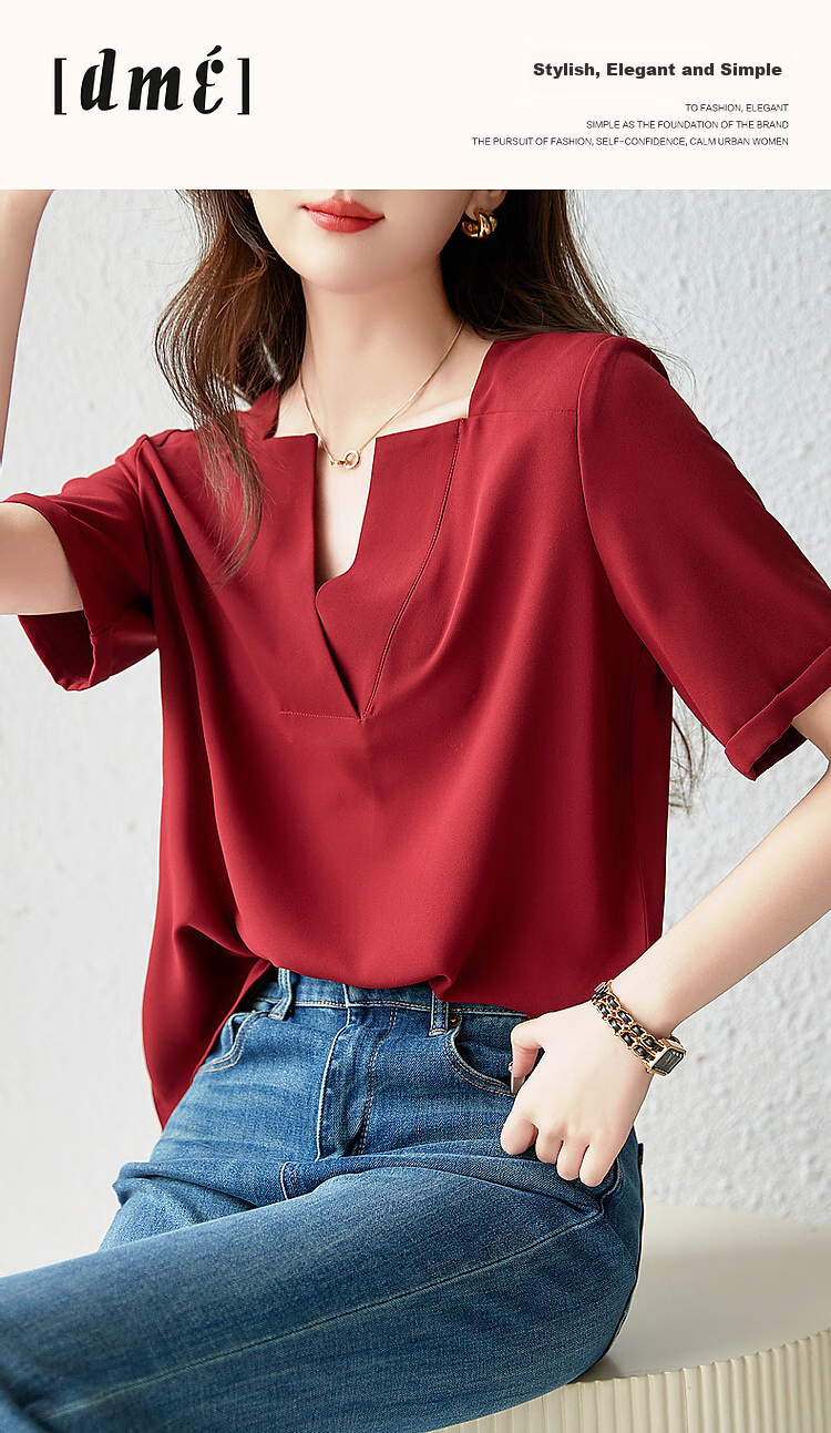 Dme [Work Outfit] Summer New French Elegant V-Neck Shirt, Skin-Friendly Cool Smooth Slimming Blouse, Women's Top 1