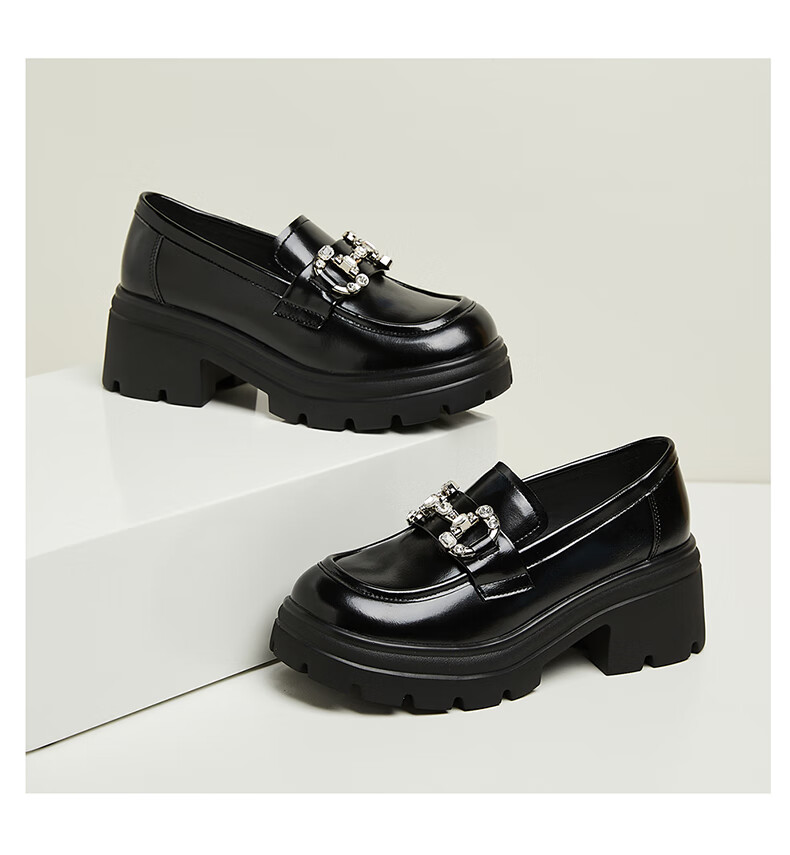 DAPHNE Women's Single Shoes with Chunky Heels, Rhinestone Loafers, British Style Slip-On Platform Fashion Shoes 4623404104 Black Size 37 15