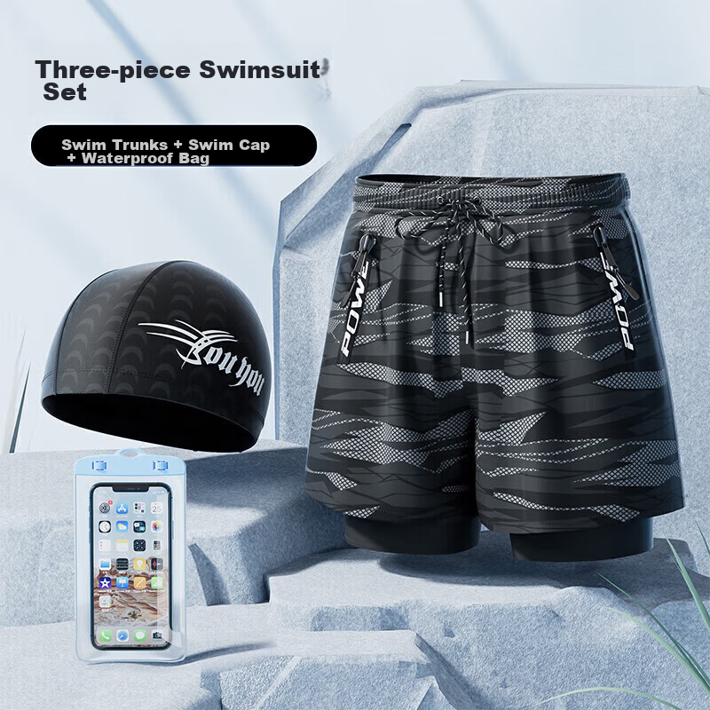 F.DYRAA Men's Swim Trunks, Anti-Embarrassment Double-Layer Quick-Dry Loose-Fit Large Size Hot Spring Swimming Trunks Three-Piece Set 26070 Black 2XL